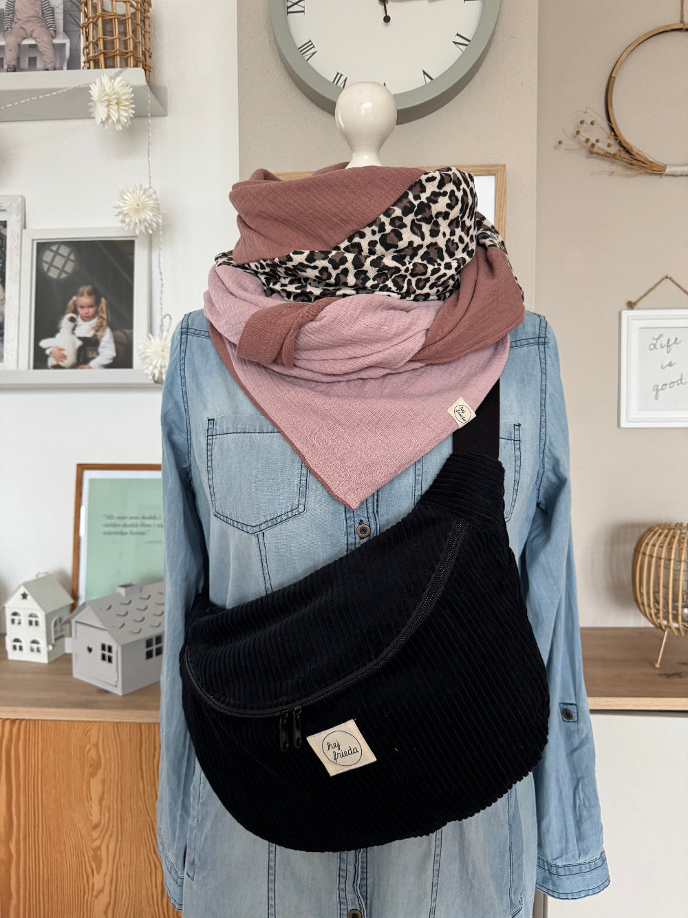 HANNA Musselintuch XL Colorblocking hellrosa/Leo/rosenholz