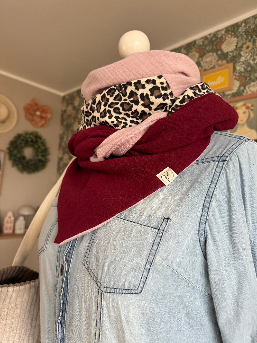 HANNA Musselintuch XL Colorblocking altrosa/Leo/bordeaux