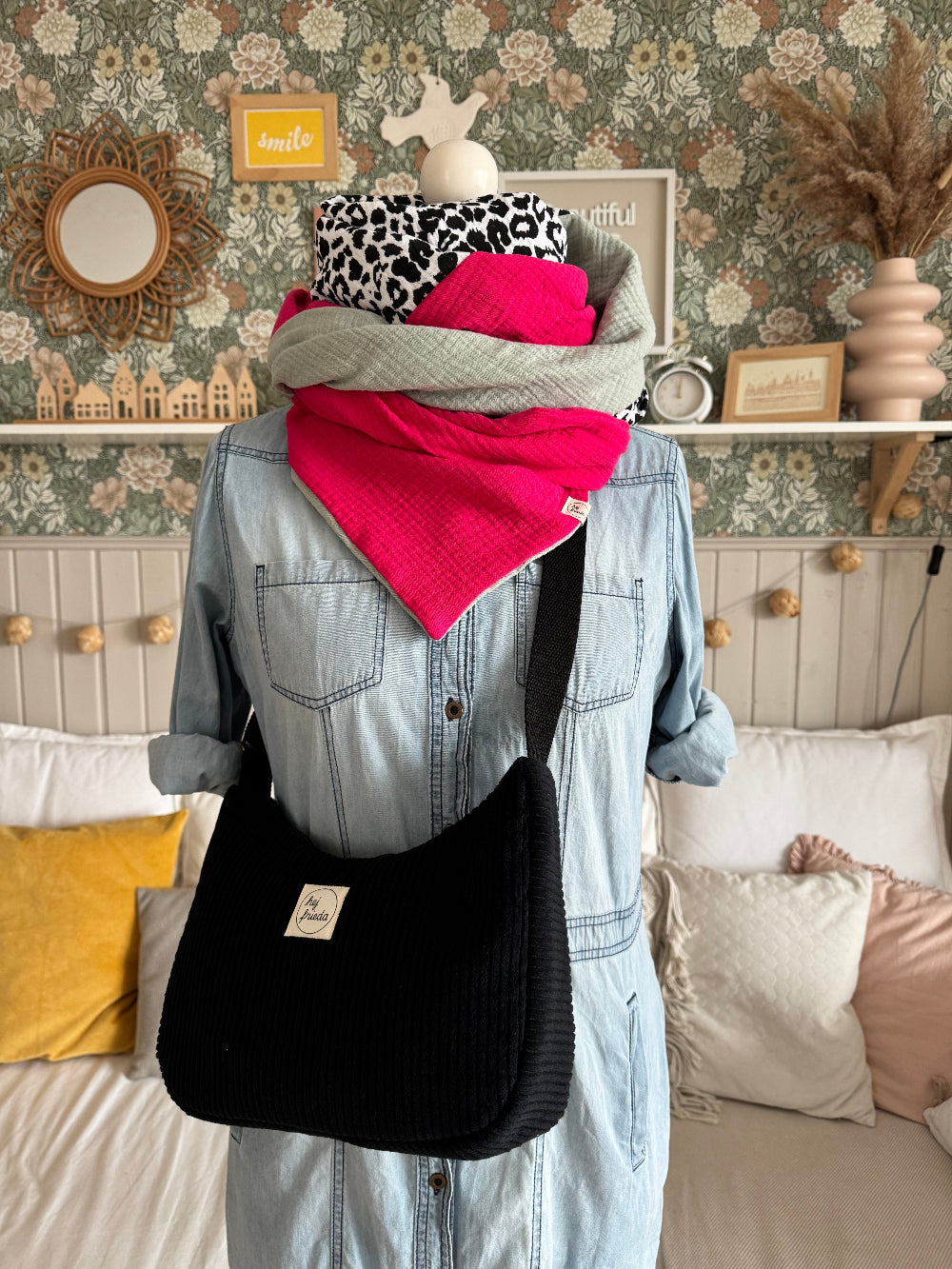 HANNA Musselintuch XL Colorblocking pink/Leo/altmint