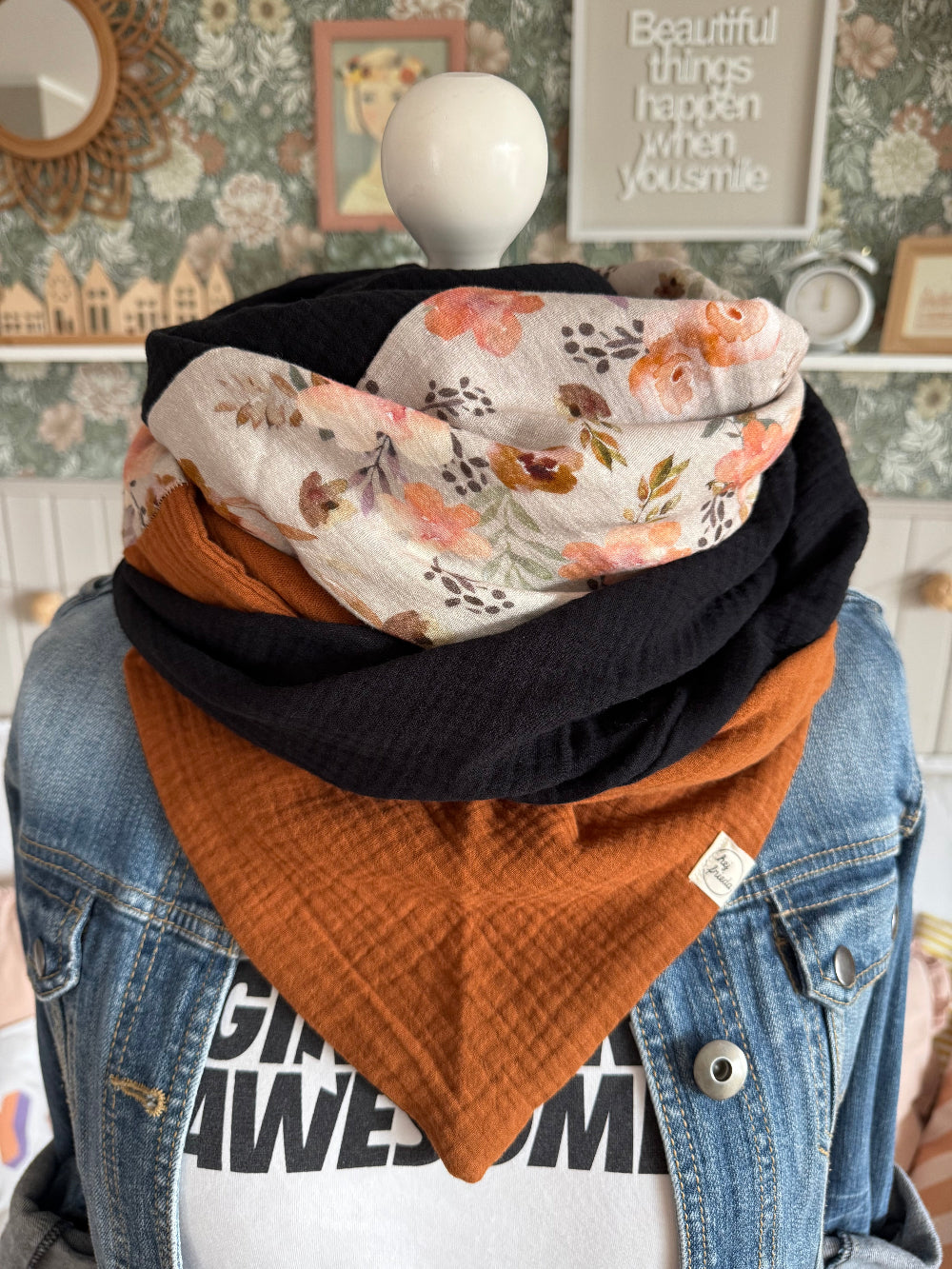 HANNA Musselintuch XL Colorblocking zimt/Aquarellblumen beige/schwarz