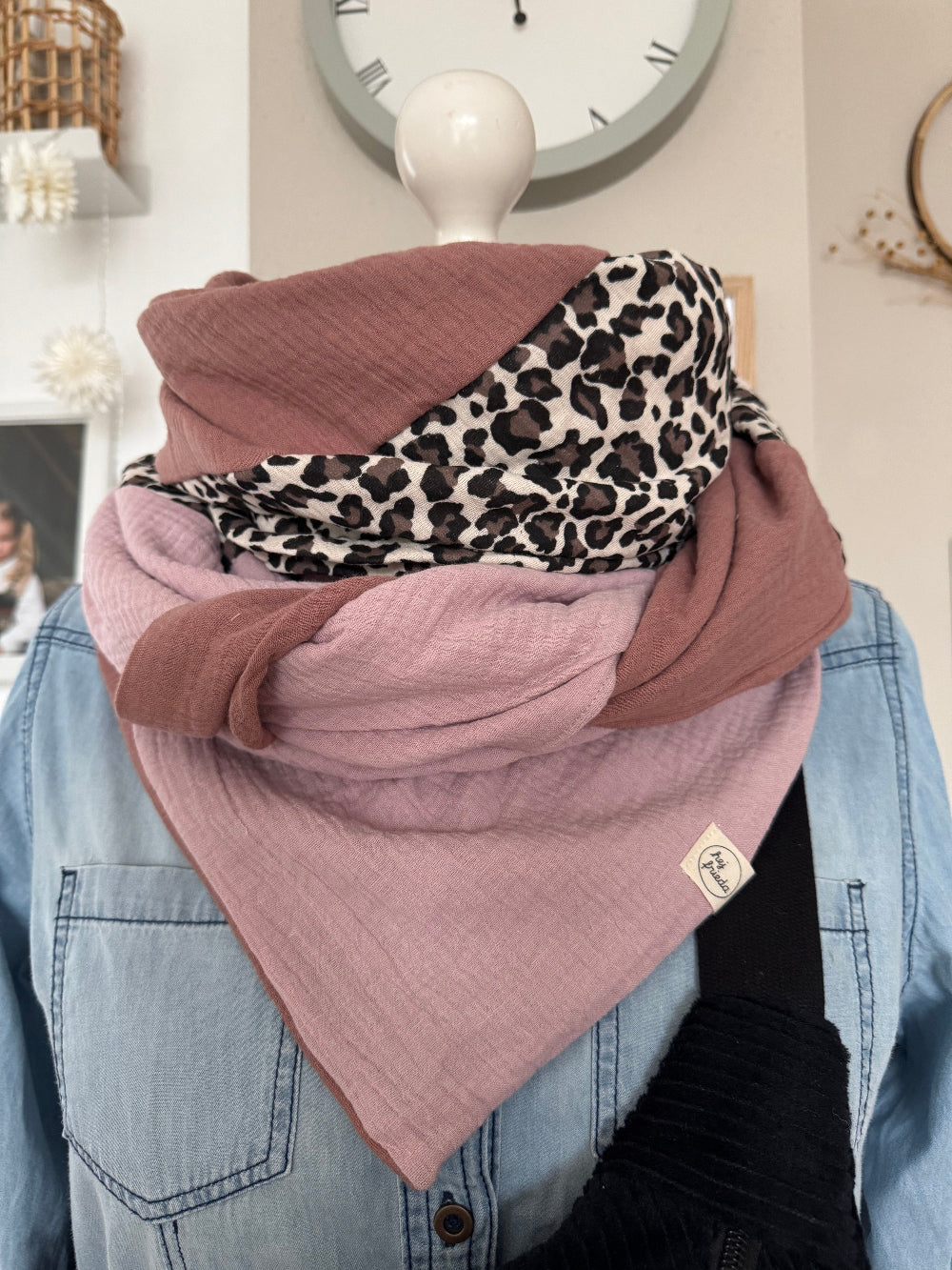 HANNA Musselintuch XL Colorblocking hellrosa/Leo/rosenholz