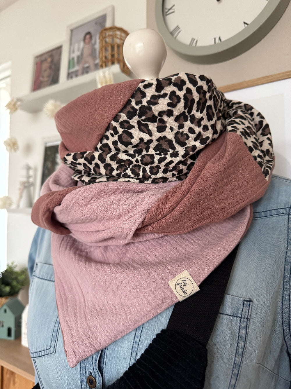 HANNA Musselintuch XL Colorblocking hellrosa/Leo/rosenholz