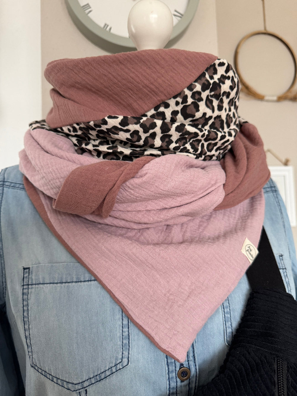 HANNA Musselintuch XL Colorblocking hellrosa/Leo/rosenholz