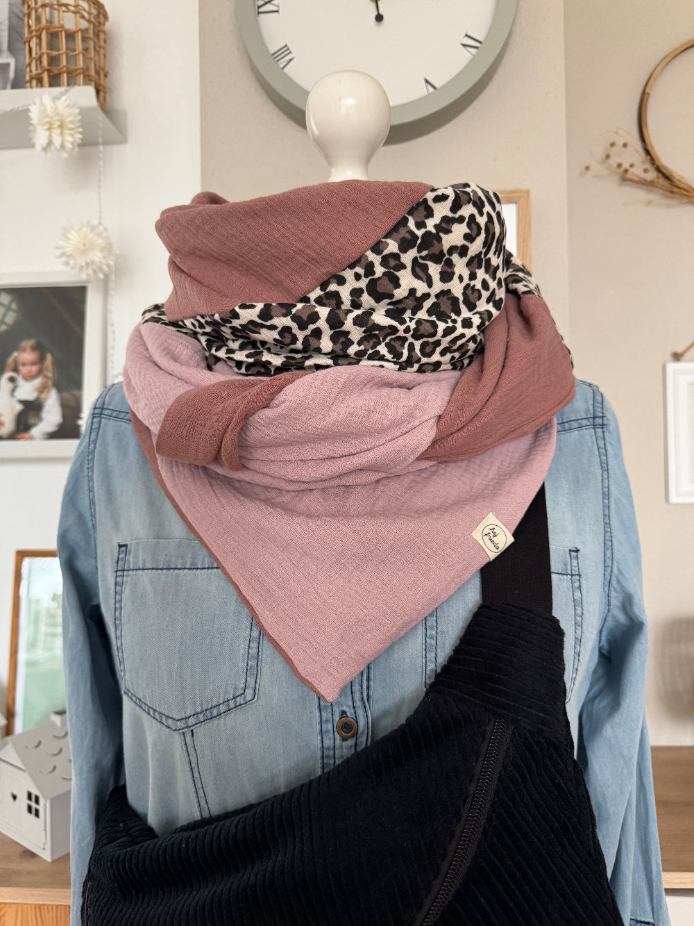 HANNA Musselintuch XL Colorblocking hellrosa/Leo/rosenholz