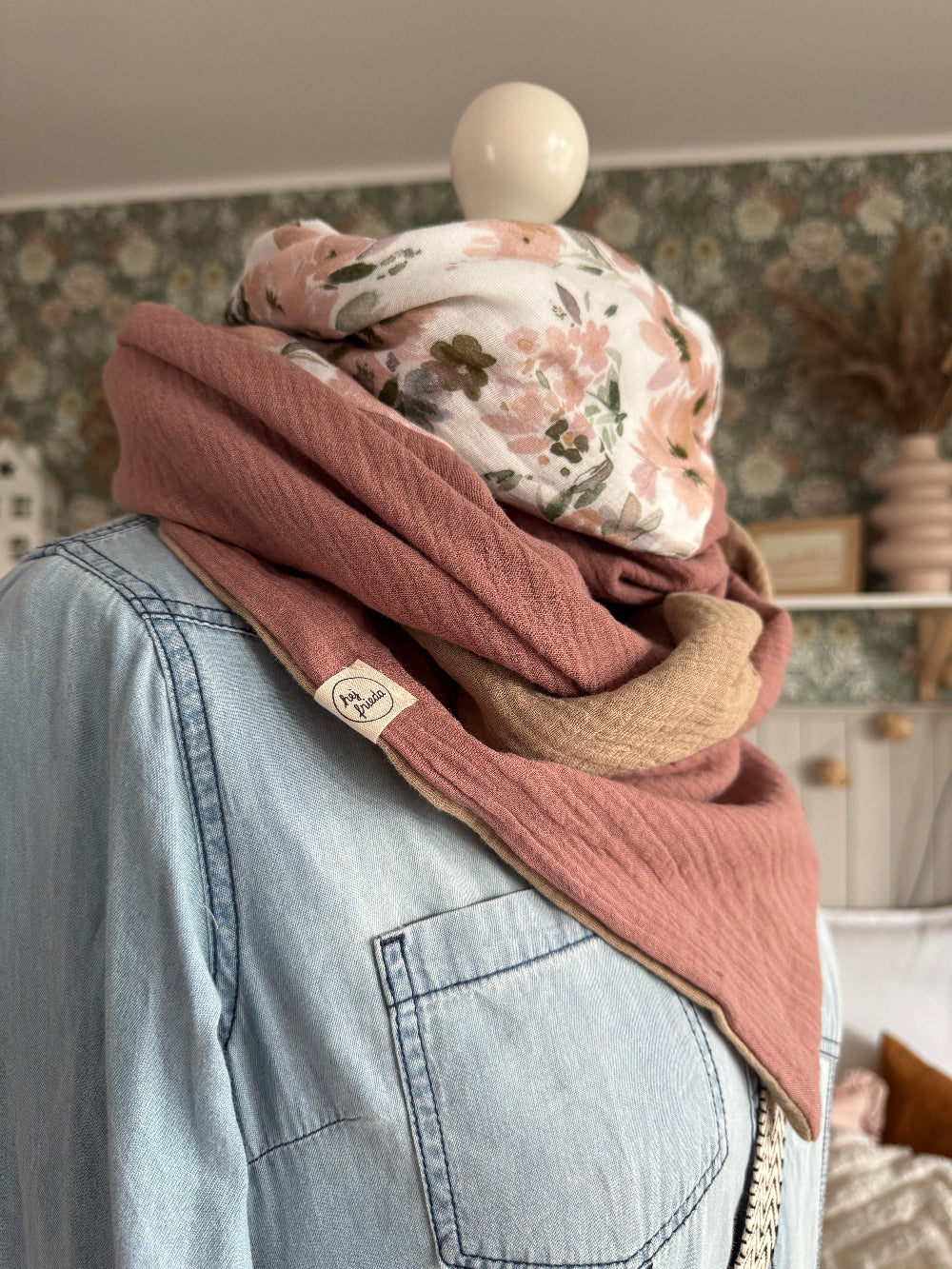 HANNA Musselintuch XL Colorblocking altrosa/Blumen/beige
