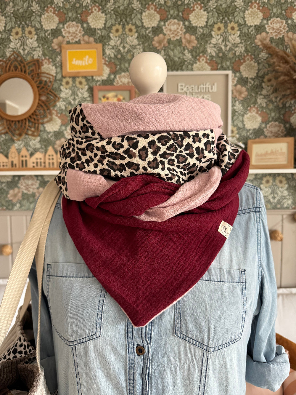 HANNA Musselintuch XL Colorblocking altrosa/Leo/bordeaux