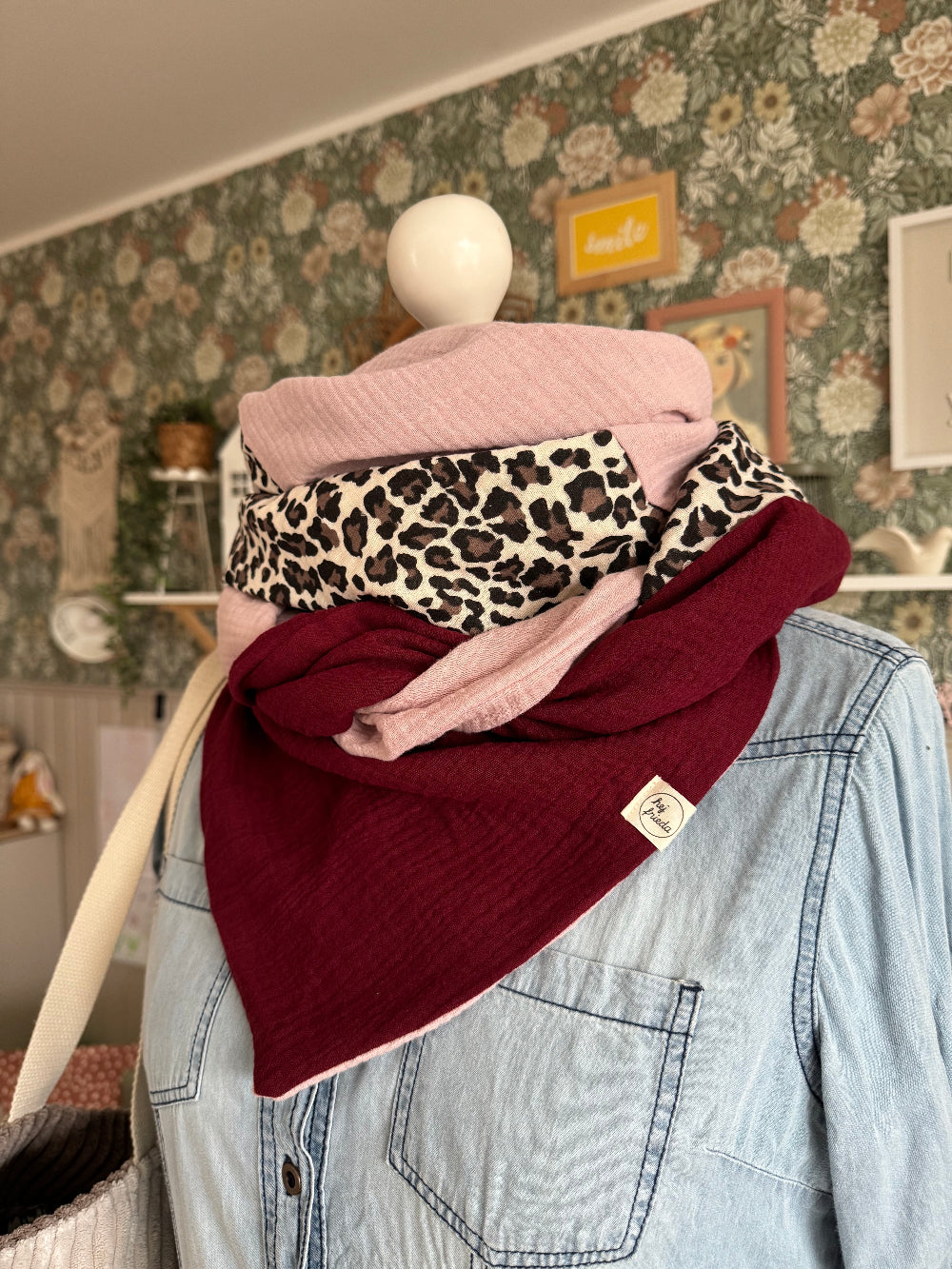 HANNA Musselintuch XL Colorblocking altrosa/Leo/bordeaux