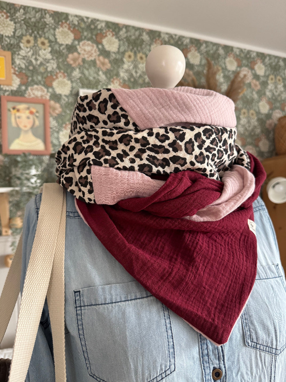 HANNA Musselintuch XL Colorblocking altrosa/Leo/bordeaux