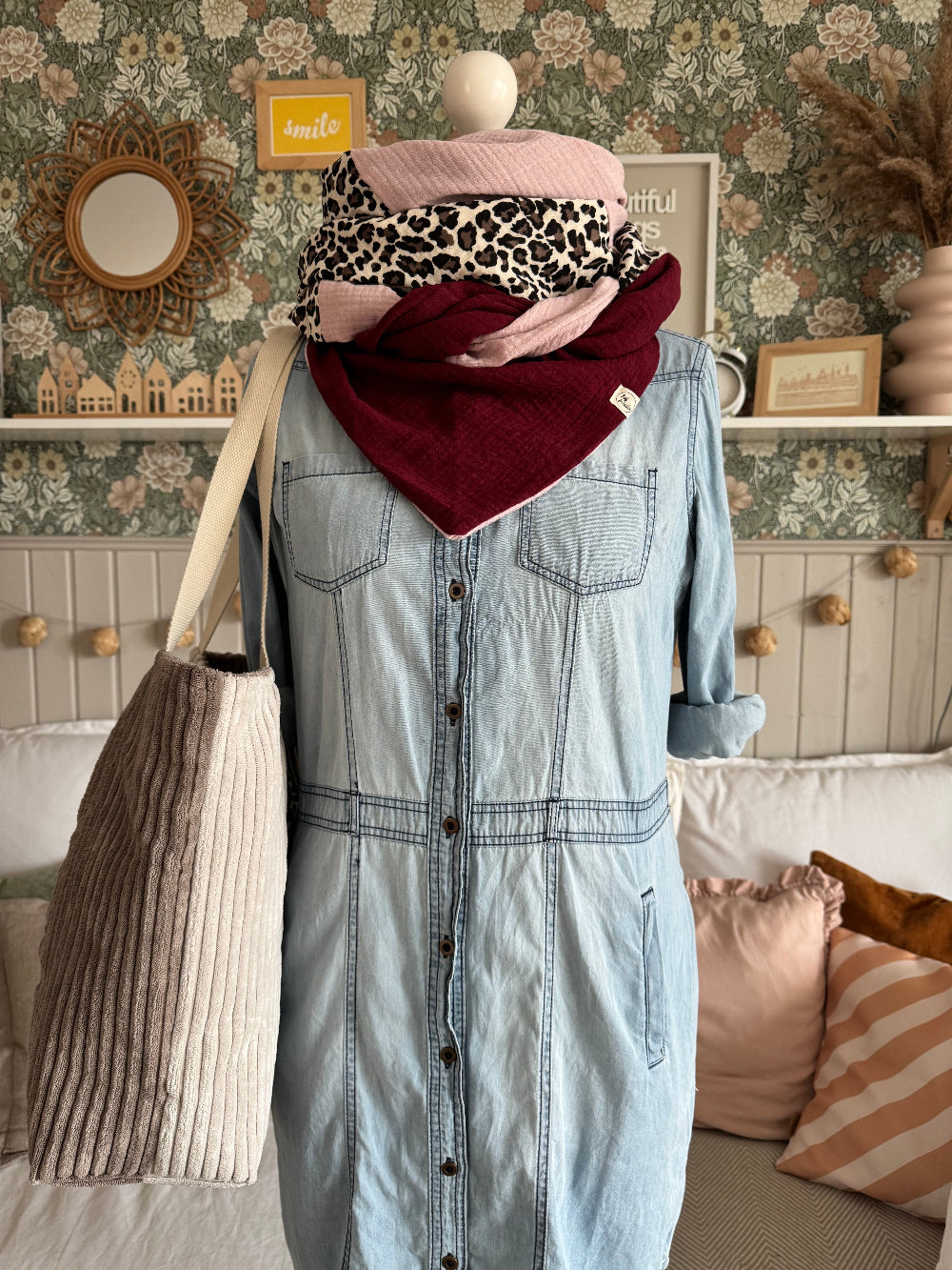 HANNA Musselintuch XL Colorblocking altrosa/Leo/bordeaux