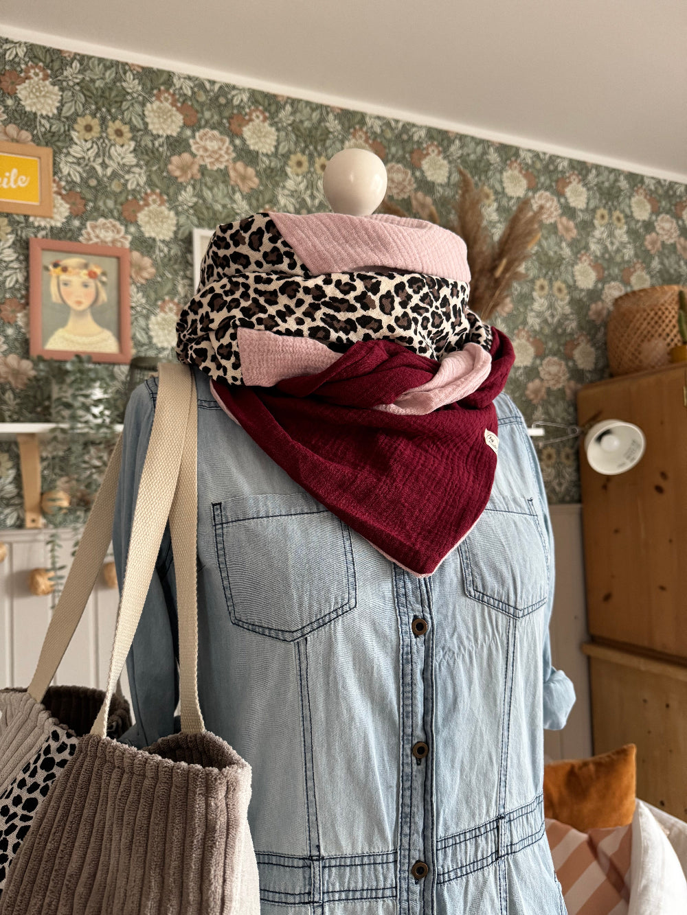 HANNA Musselintuch XL Colorblocking altrosa/Leo/bordeaux