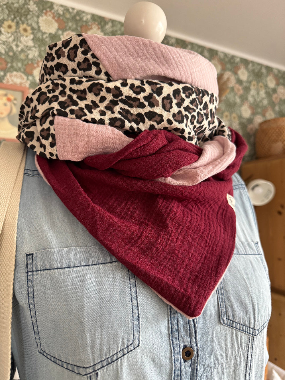HANNA Musselintuch XL Colorblocking altrosa/Leo/bordeaux