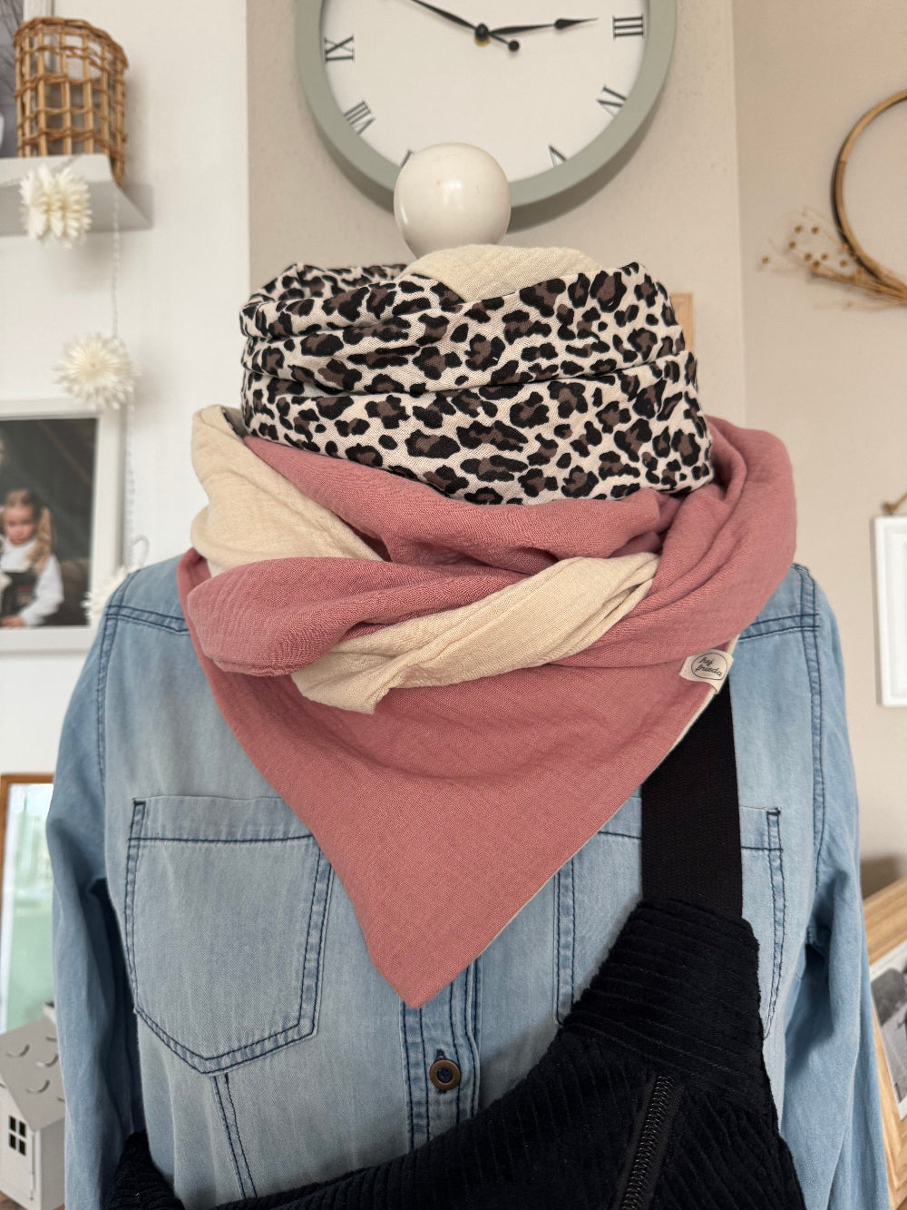 HANNA Musselintuch XL Colorblocking creme/Leo/rosa
