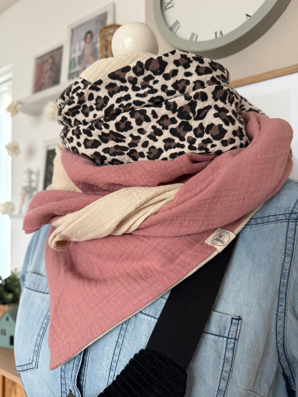 HANNA Musselintuch XL Colorblocking creme/Leo/rosa