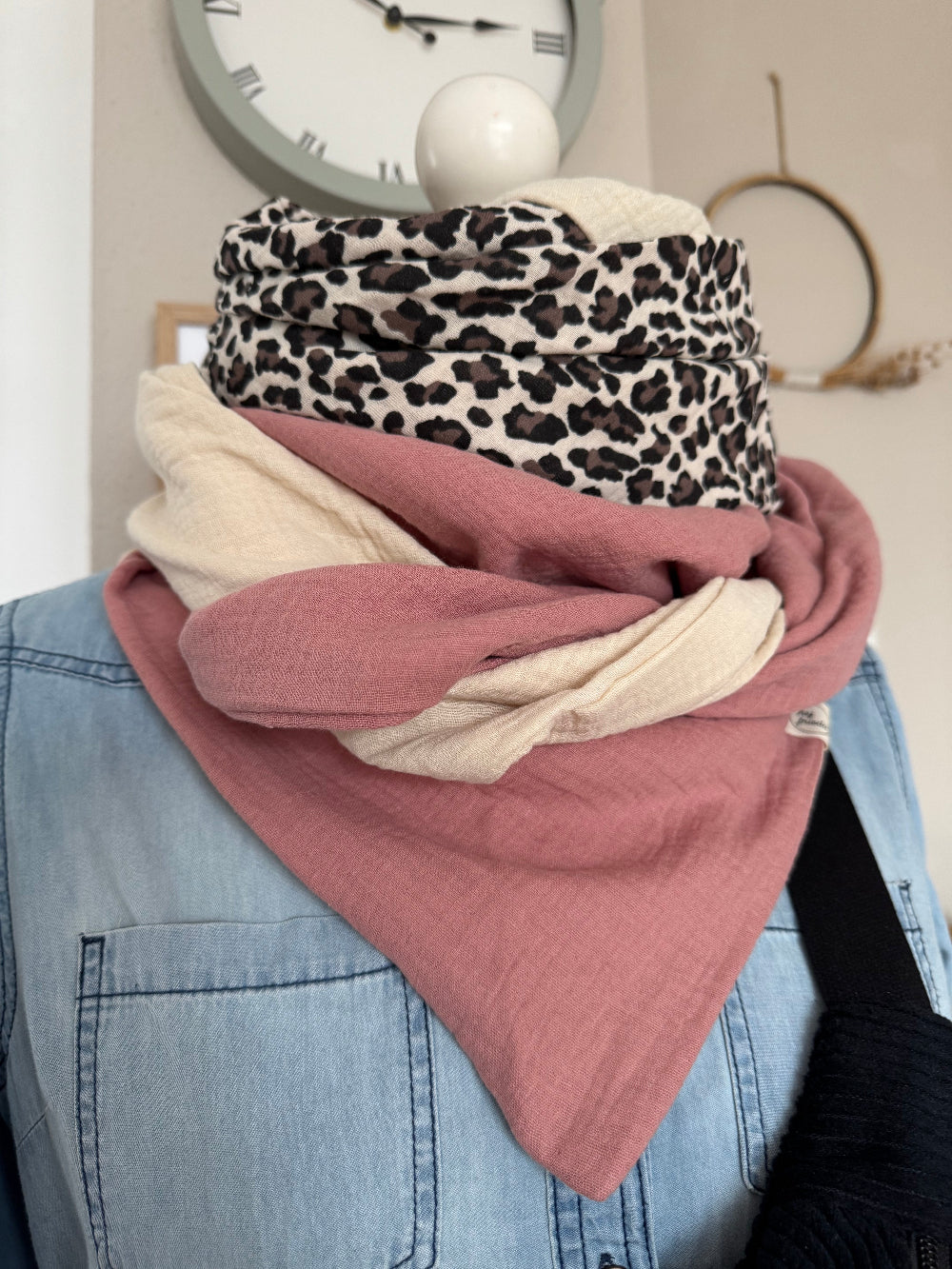 HANNA Musselintuch XL Colorblocking creme/Leo/rosa