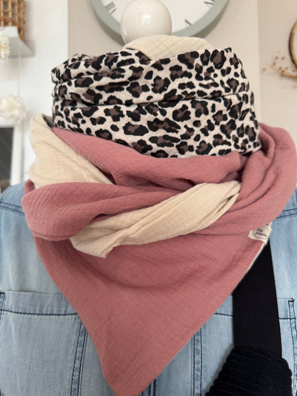 HANNA Musselintuch XL Colorblocking creme/Leo/rosa