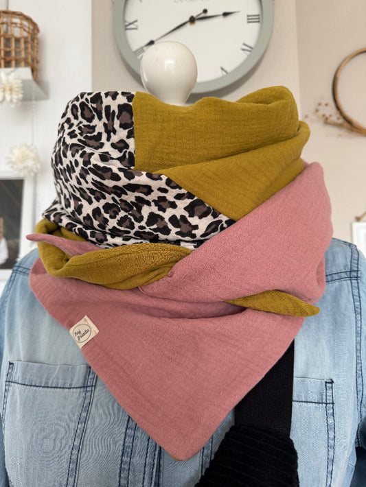 HANNA Musselintuch XL Colorblocking senf/Leo/rosa