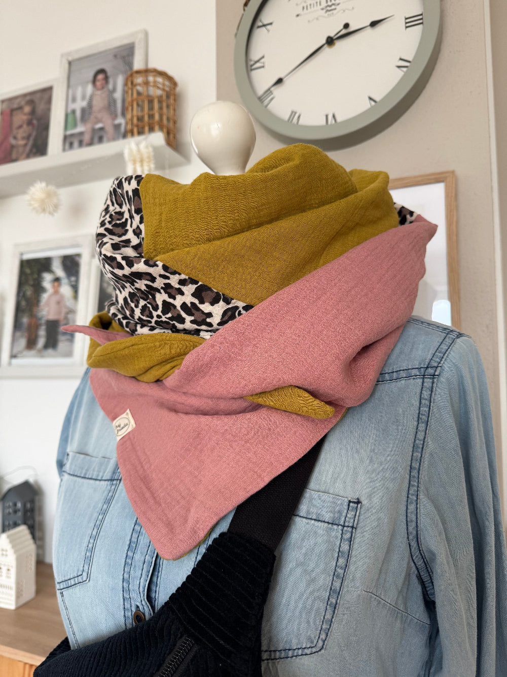 HANNA Musselintuch XL Colorblocking senf/Leo/rosa