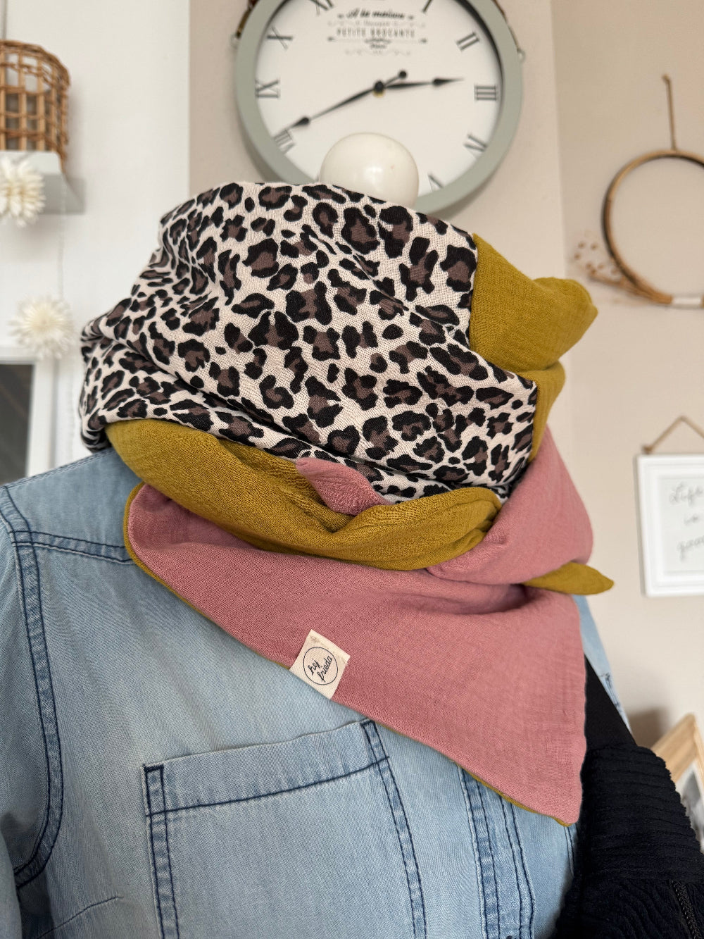 HANNA Musselintuch XL Colorblocking senf/Leo/rosa
