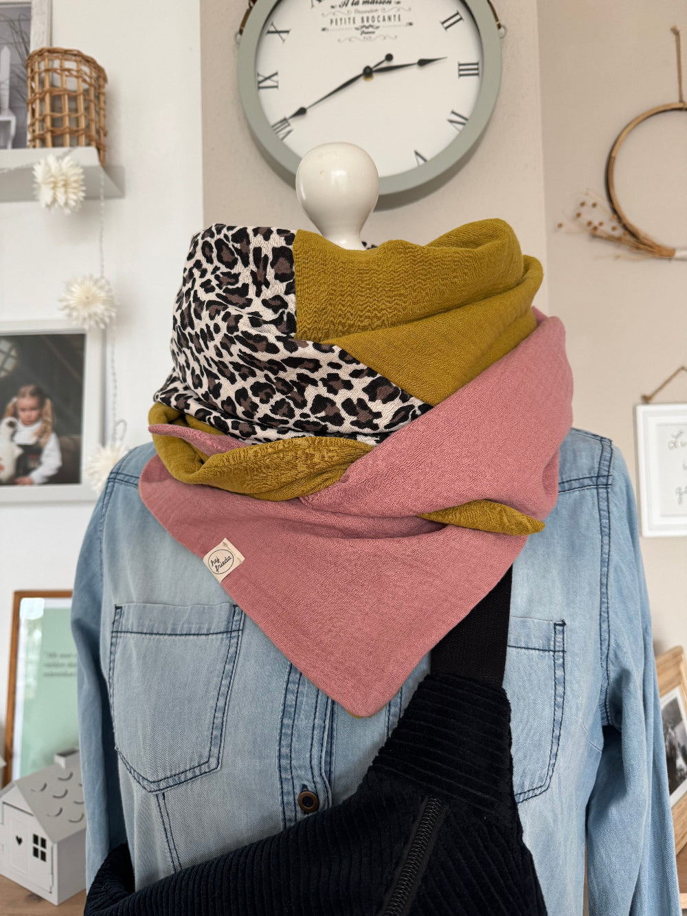 HANNA Musselintuch XL Colorblocking senf/Leo/rosa