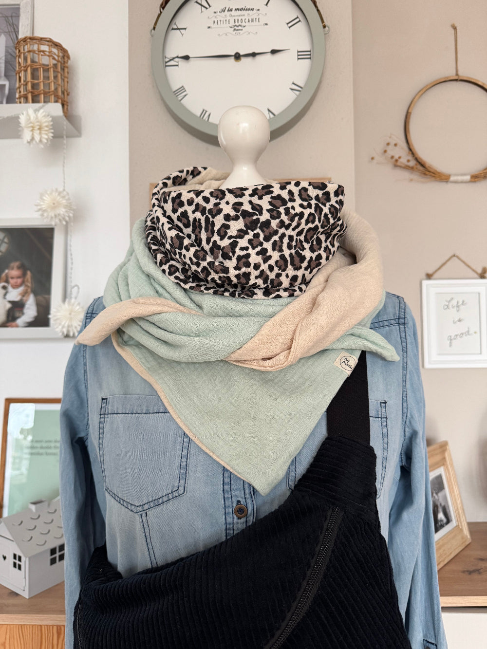 HANNA Musselintuch XL Colorblocking mint/Leo/creme