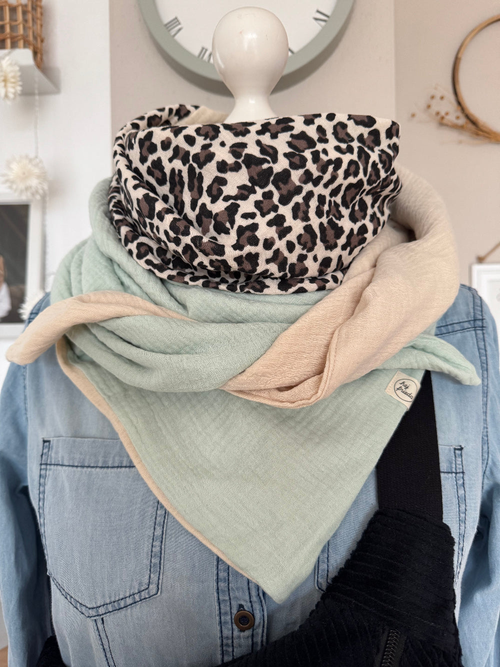 HANNA Musselintuch XL Colorblocking mint/Leo/creme