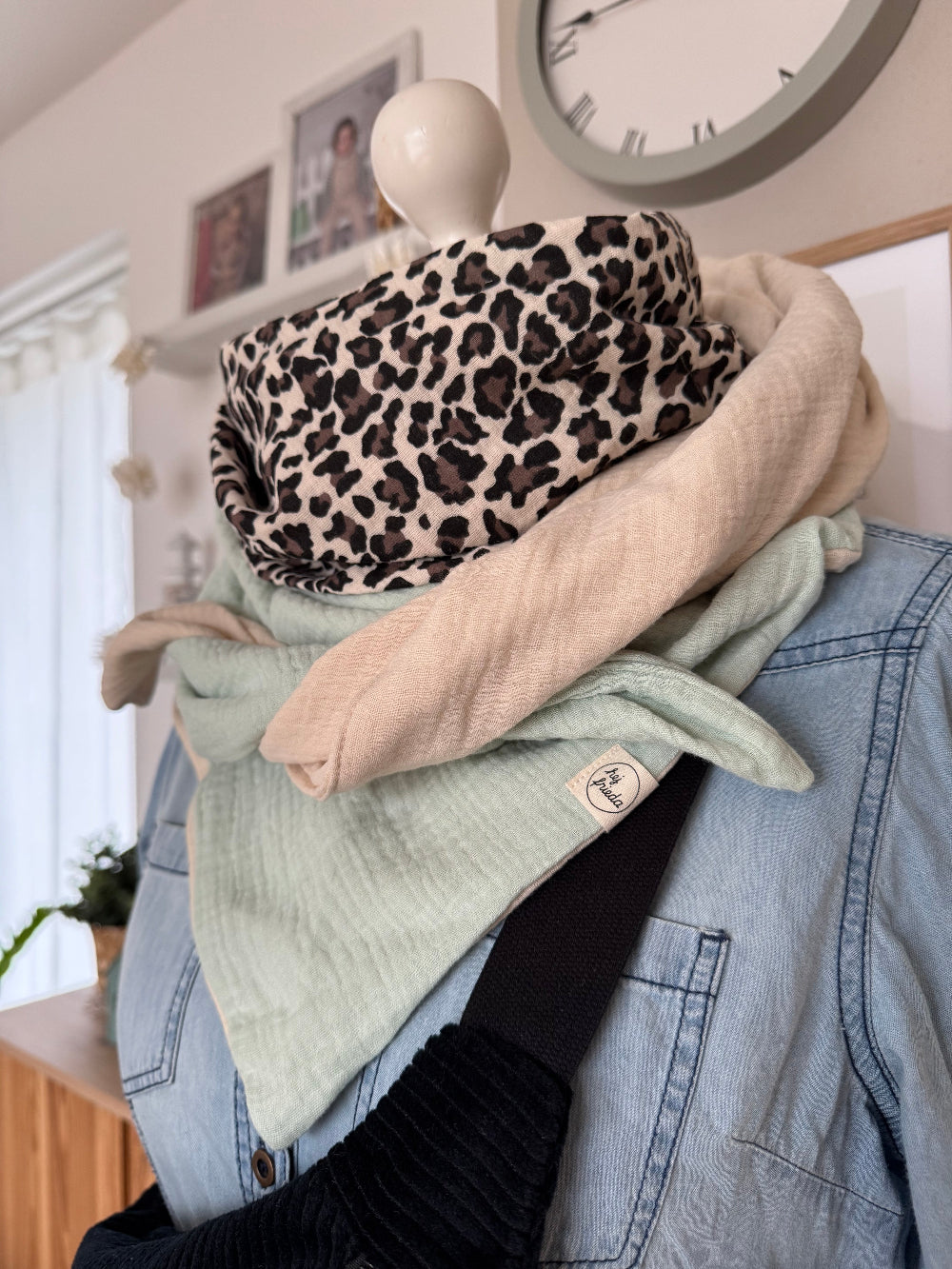 HANNA Musselintuch XL Colorblocking mint/Leo/creme