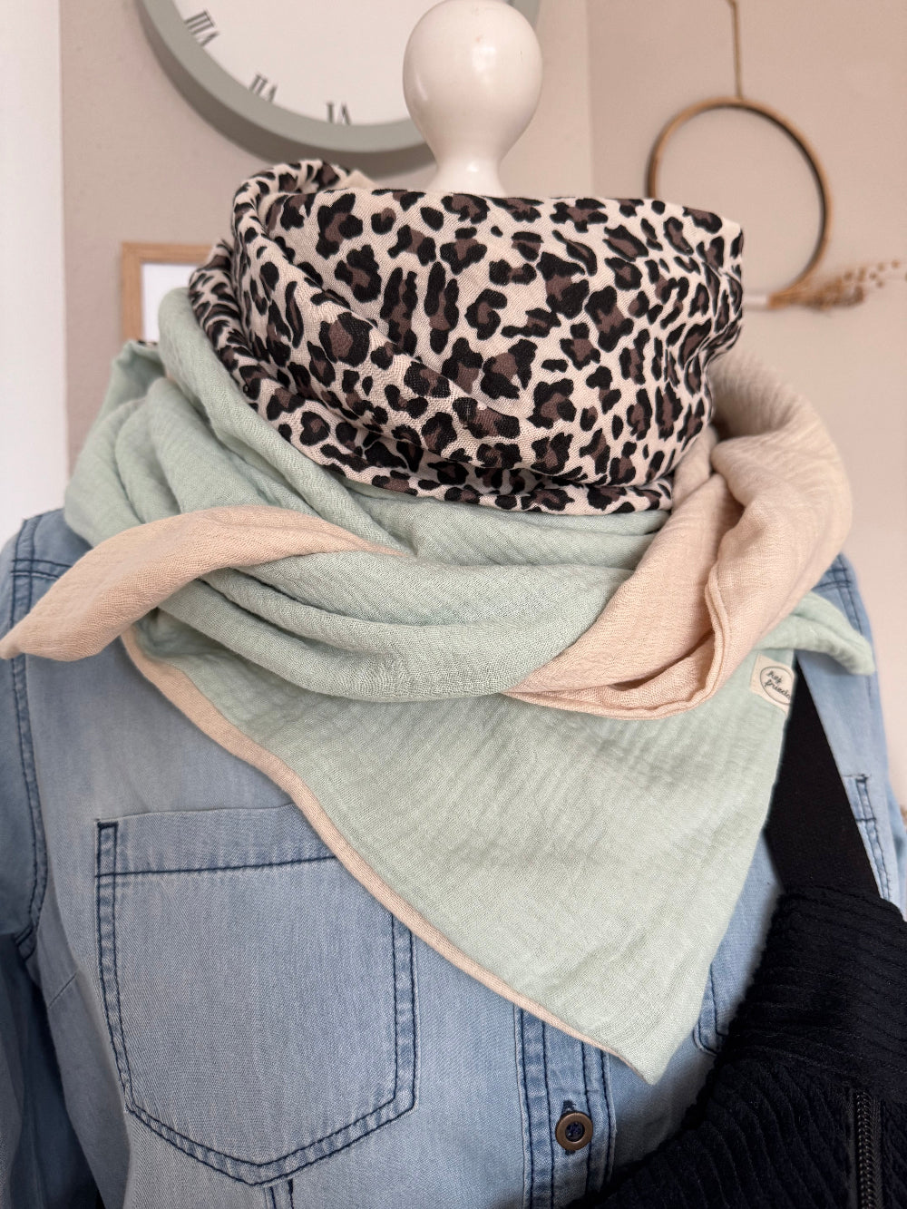HANNA Musselintuch XL Colorblocking mint/Leo/creme