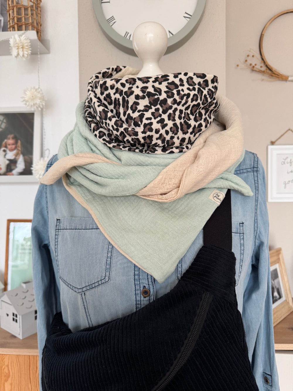 HANNA Musselintuch XL Colorblocking mint/Leo/creme