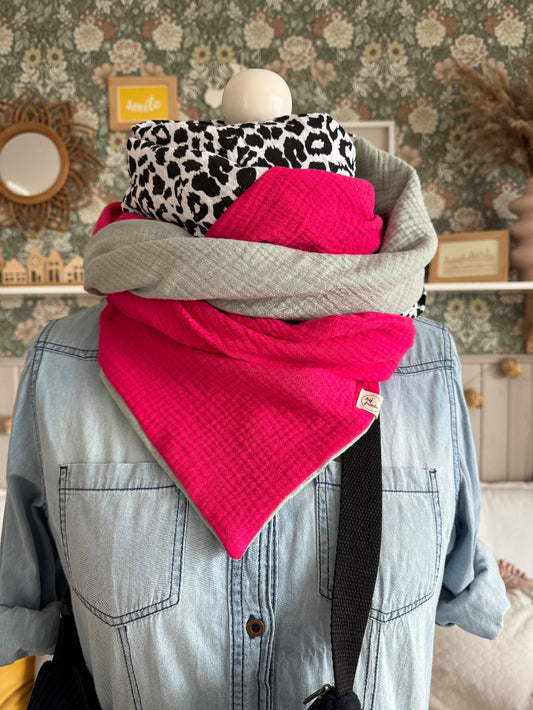 HANNA Musselintuch XL Colorblocking pink/Leo/altmint