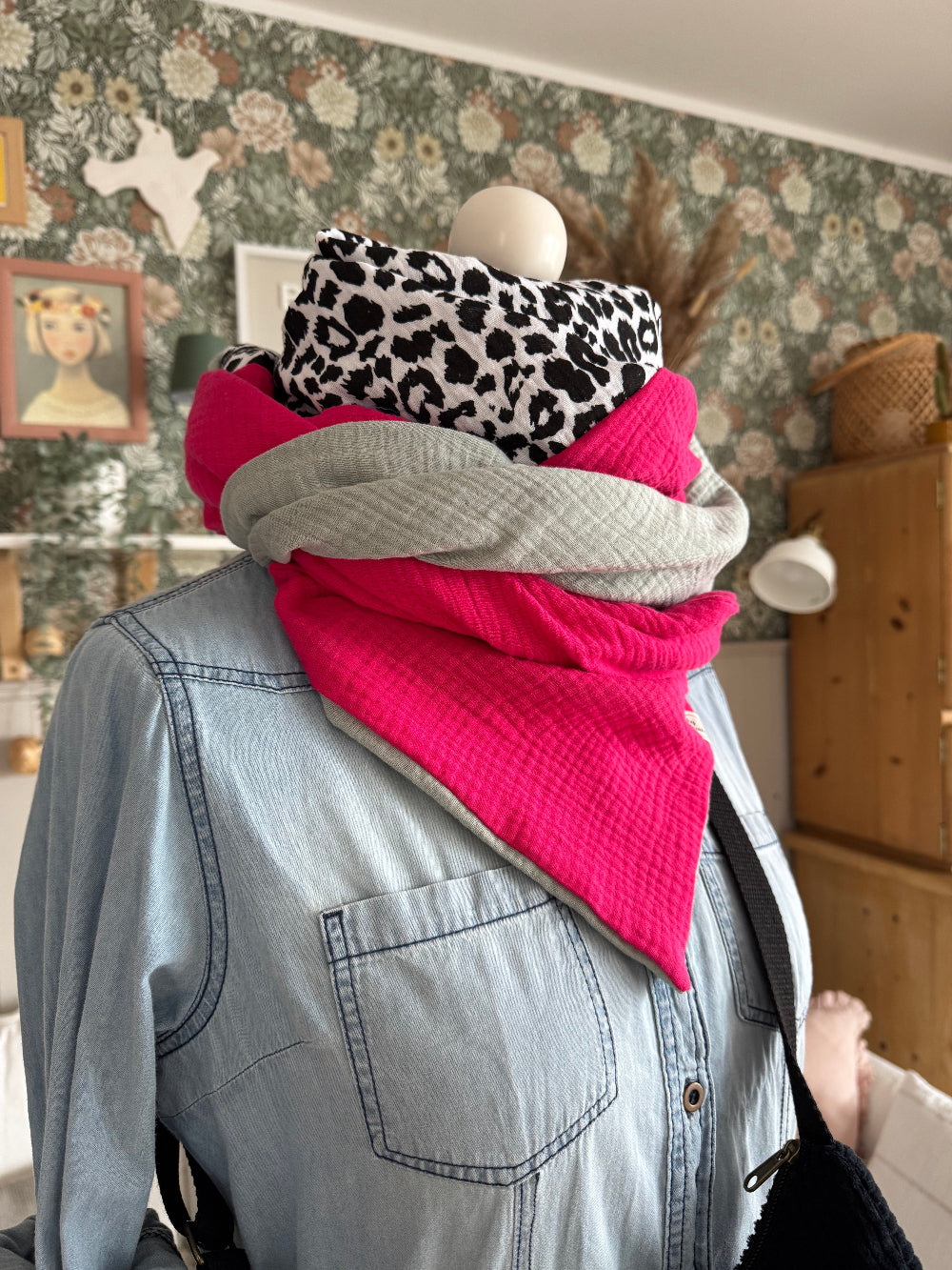 HANNA Musselintuch XL Colorblocking pink/Leo/altmint
