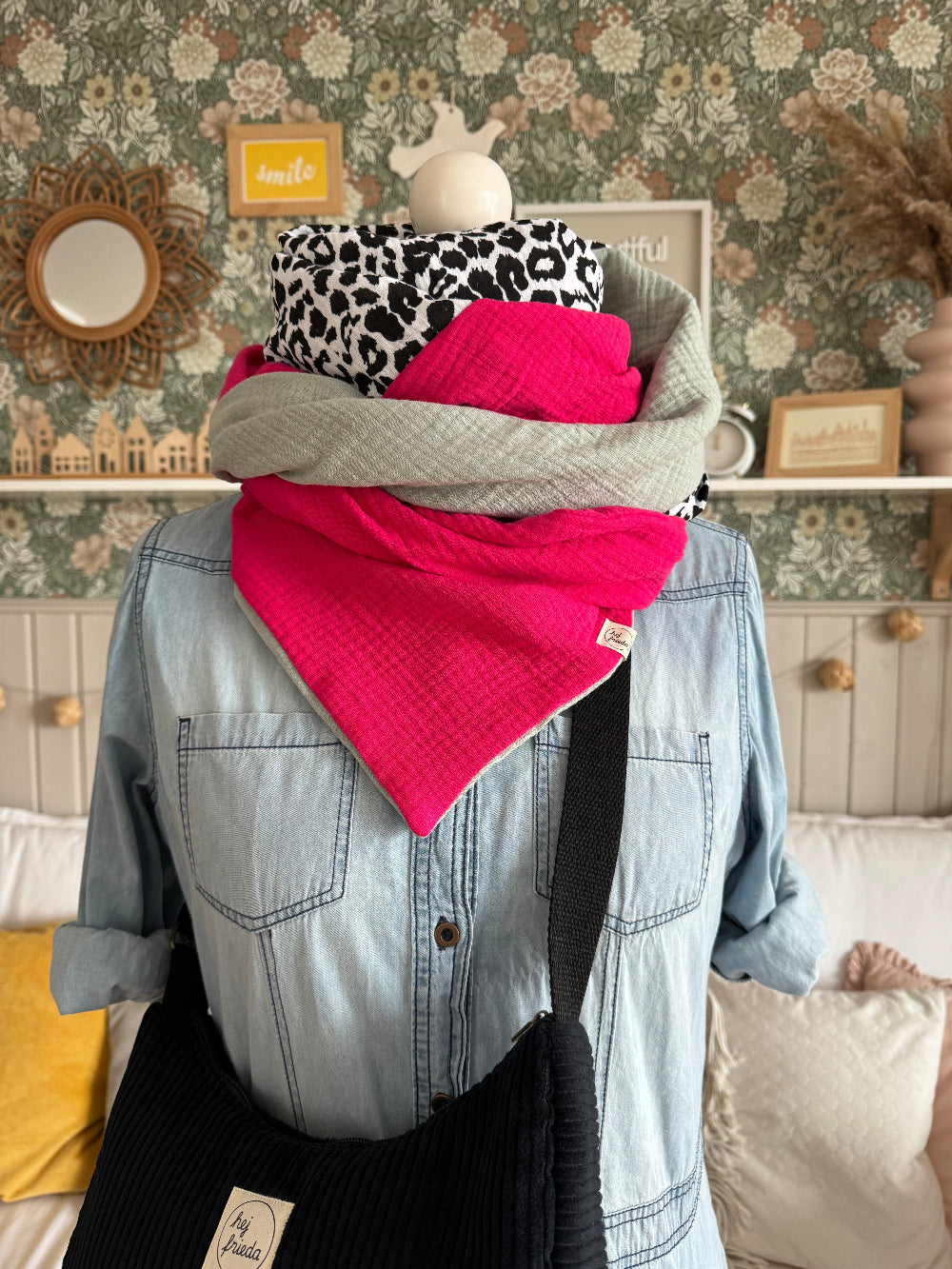 HANNA Musselintuch XL Colorblocking pink/Leo/altmint