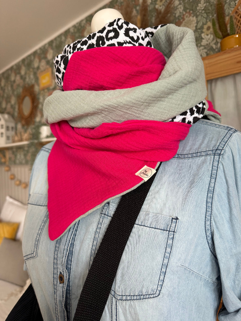 HANNA Musselintuch XL Colorblocking pink/Leo/altmint