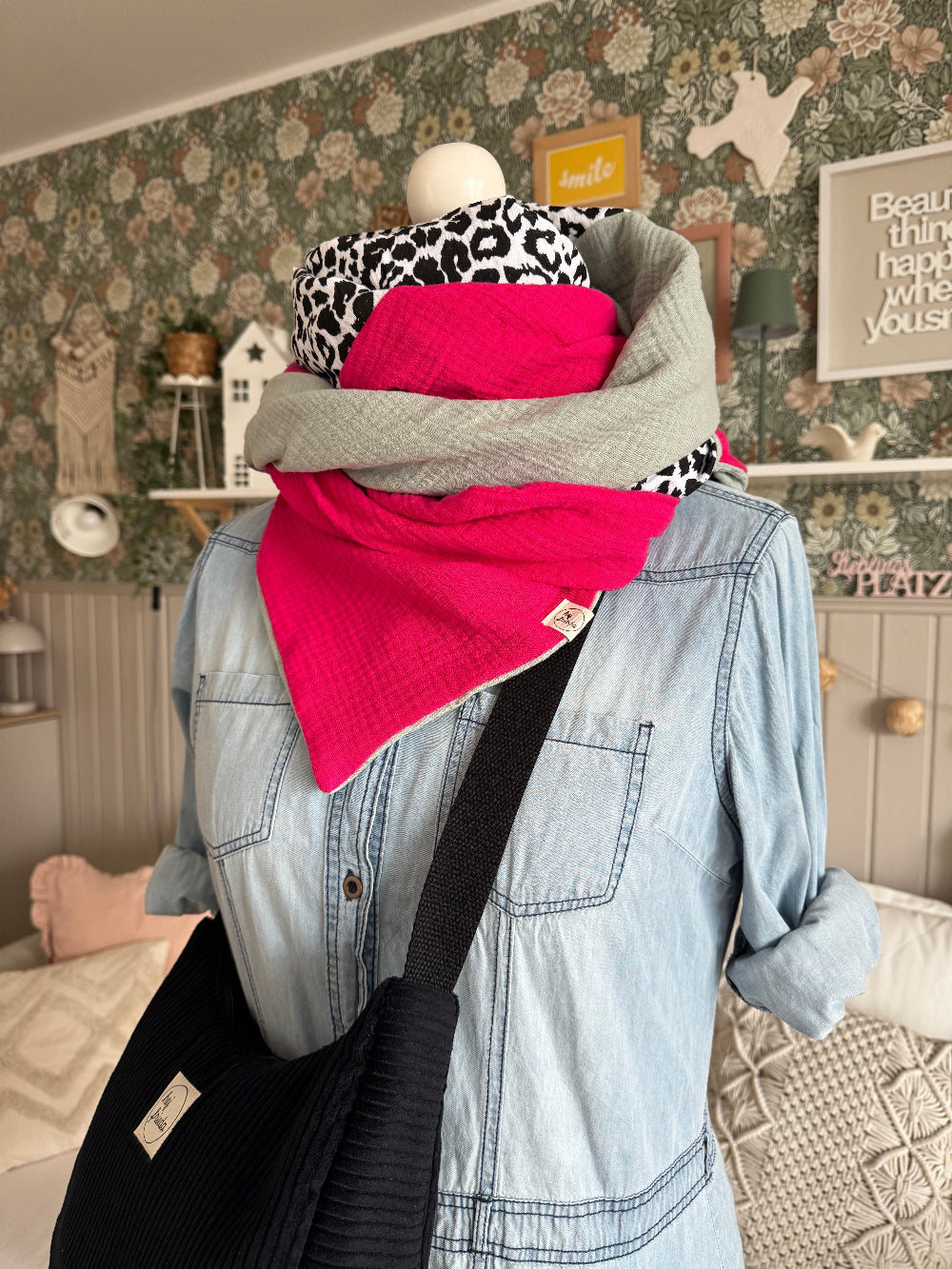 HANNA Musselintuch XL Colorblocking pink/Leo/altmint