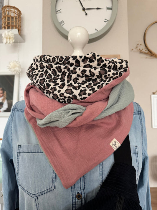 HANNA Musselintuch XL Colorblocking rosa/Leo/altmint