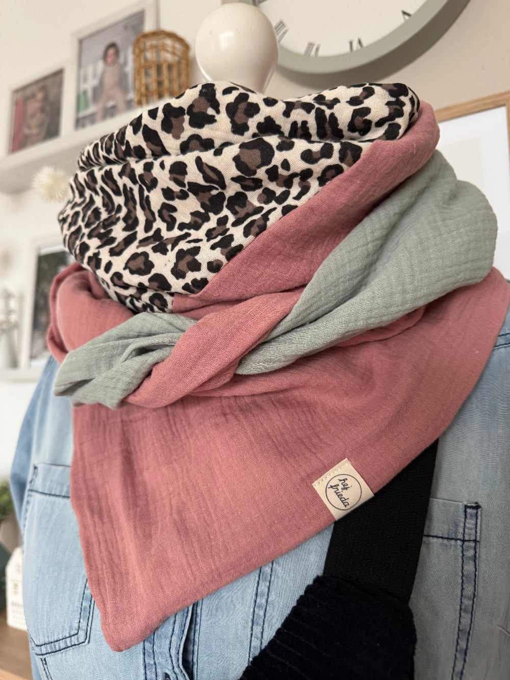 HANNA Musselintuch XL Colorblocking rosa/Leo/altmint