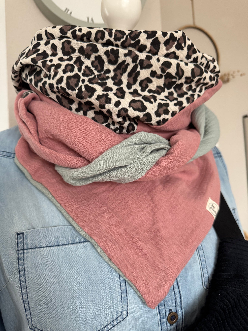 HANNA Musselintuch XL Colorblocking rosa/Leo/altmint