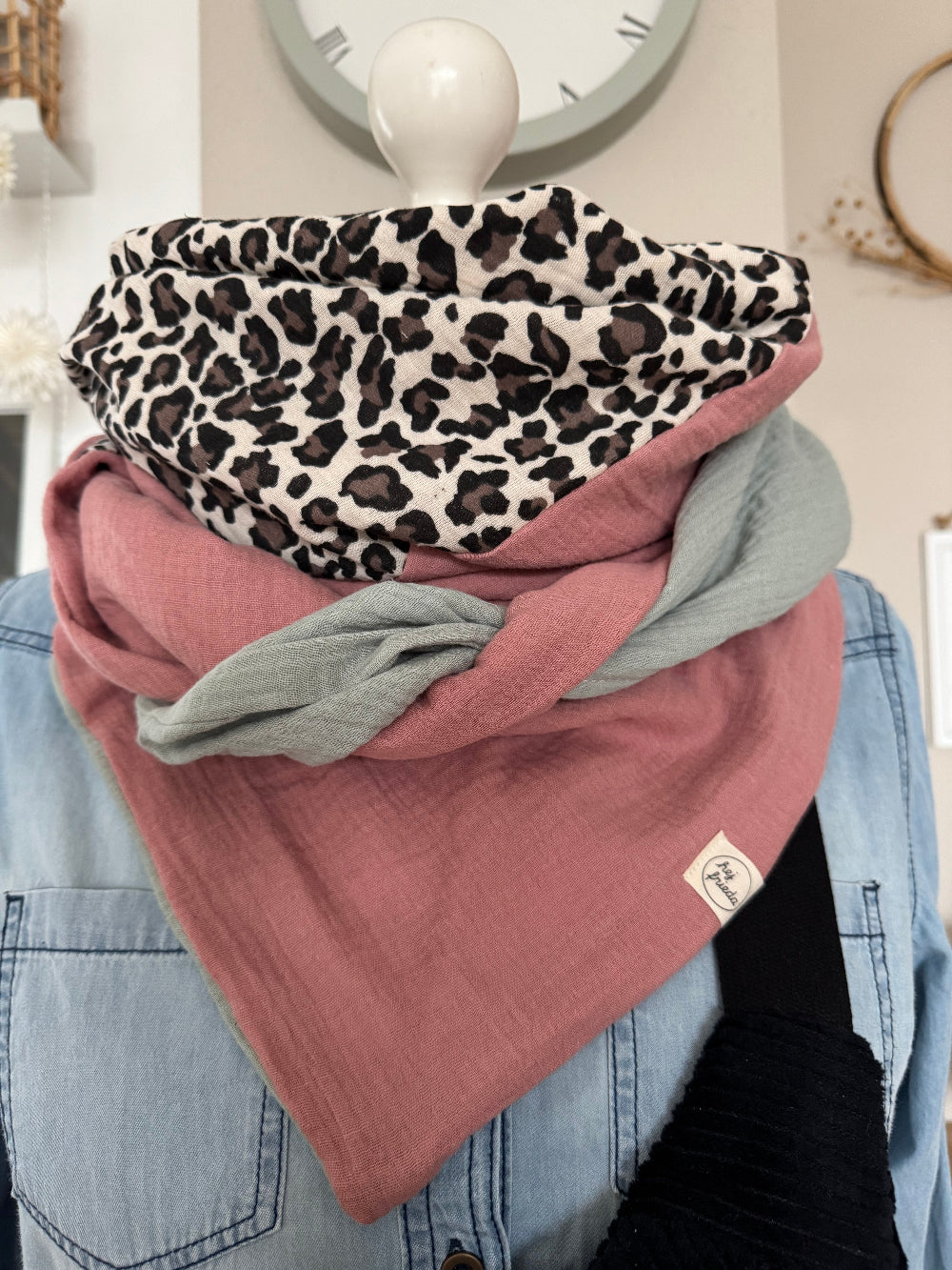 HANNA Musselintuch XL Colorblocking rosa/Leo/altmint