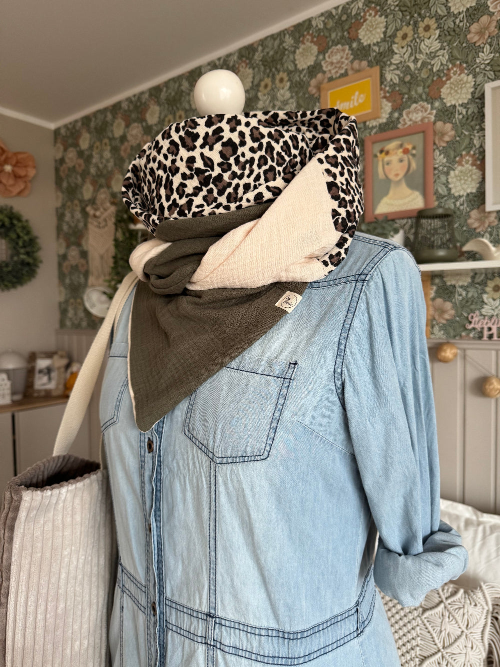 HANNA Musselintuch XL Colorblocking schilf/Leo/creme
