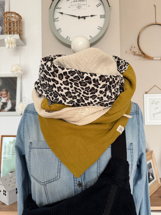 HANNA Musselintuch XL Colorblocking senf/Leo/creme