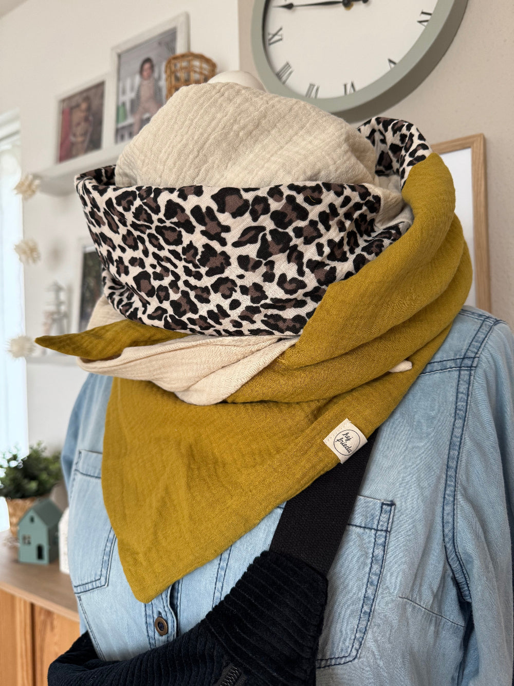 HANNA Musselintuch XL Colorblocking senf/Leo/creme