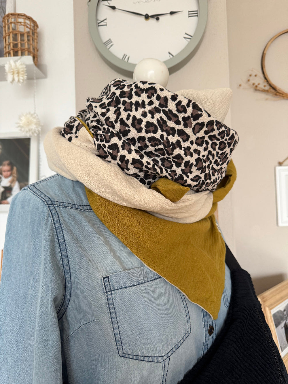 HANNA Musselintuch XL Colorblocking senf/Leo/creme