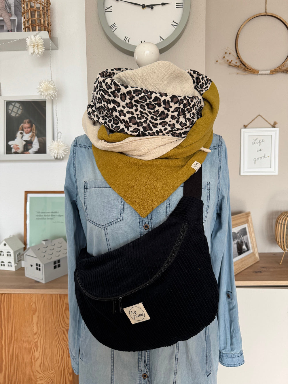 HANNA Musselintuch XL Colorblocking senf/Leo/creme