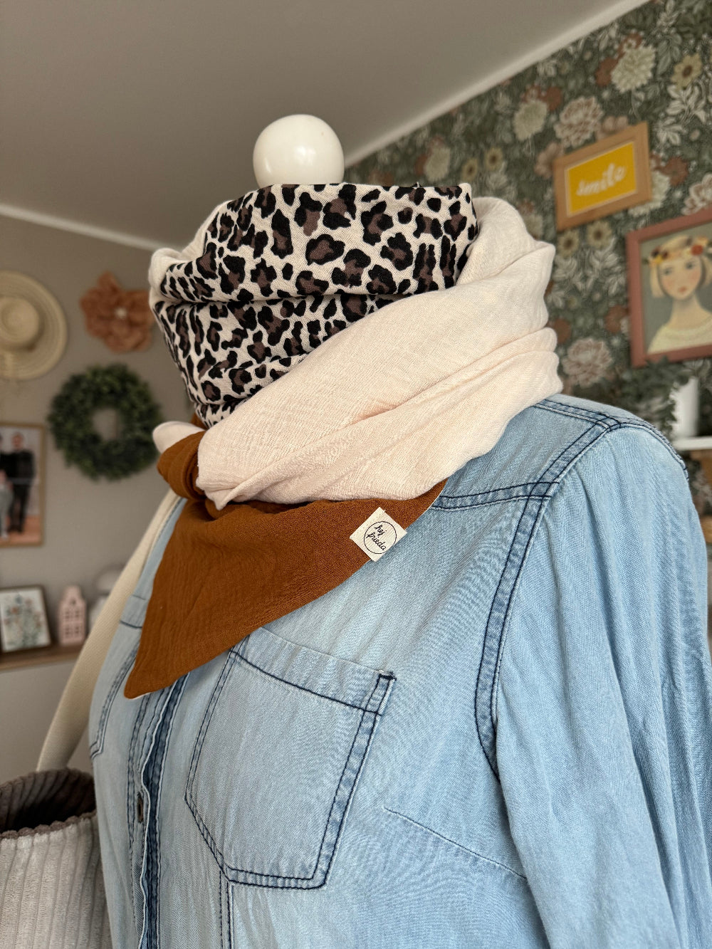 HANNA Musselintuch XL Colorblocking zimt/Leo/creme