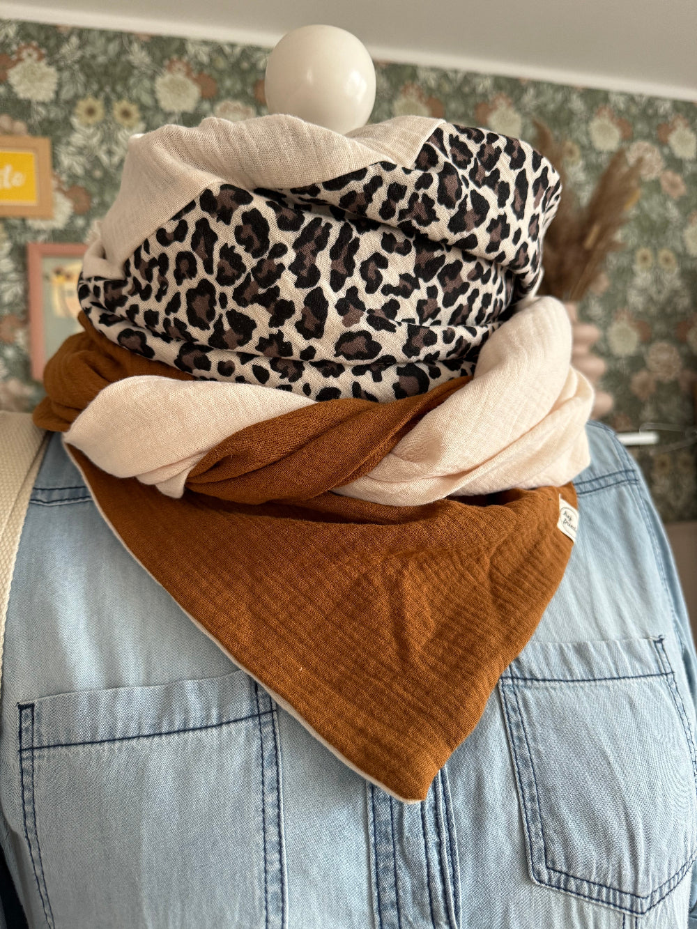 HANNA Musselintuch XL Colorblocking zimt/Leo/creme