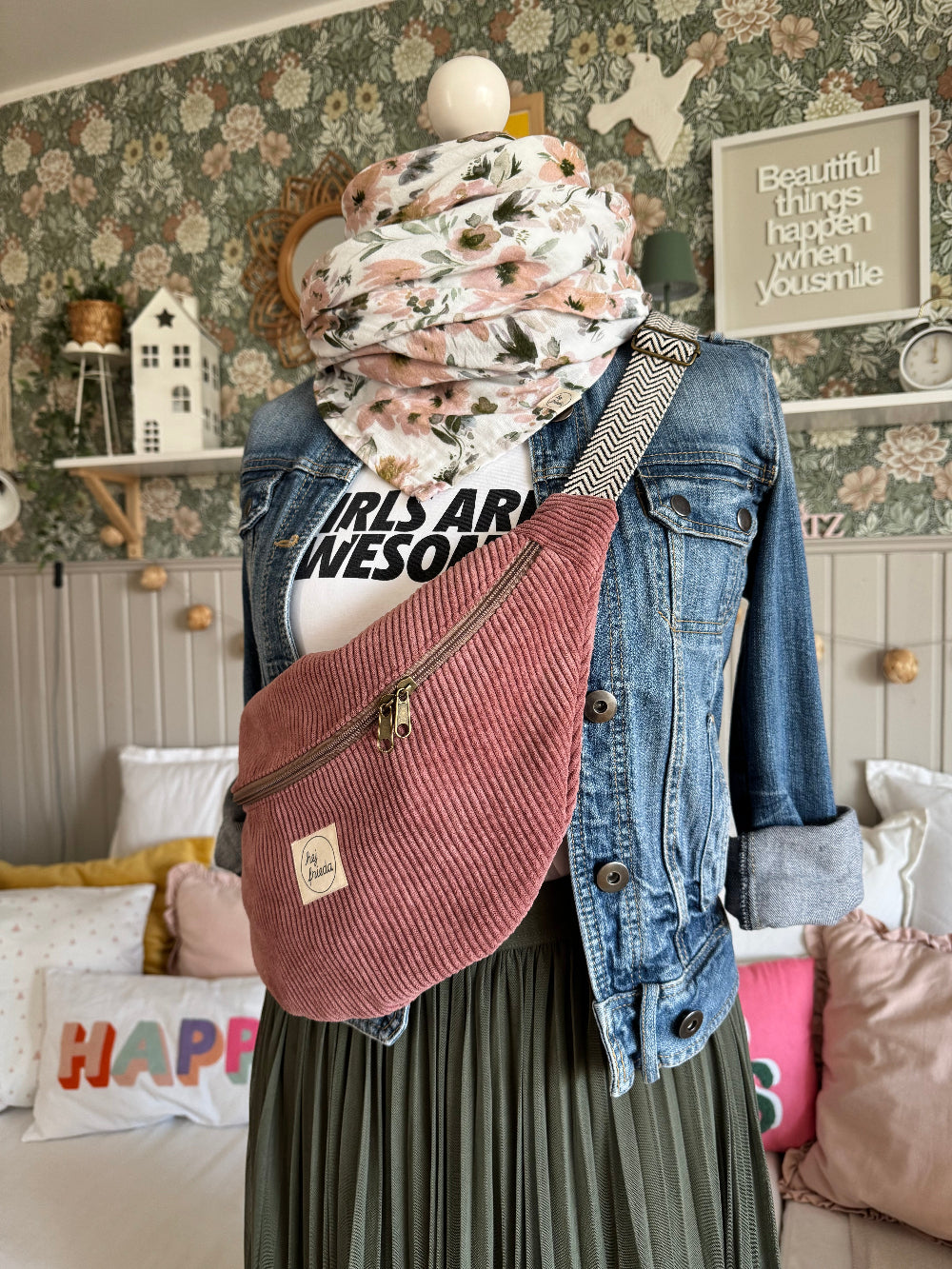 ALMA XL-Bauchtasche Cord Altrosa