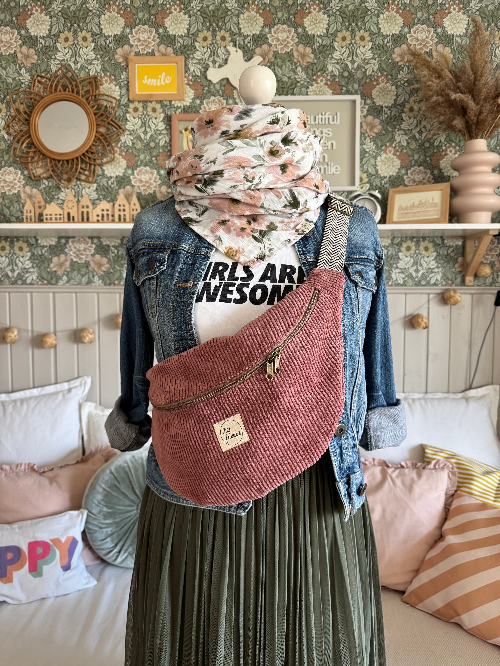 ALMA XL-Bauchtasche Cord Altrosa
