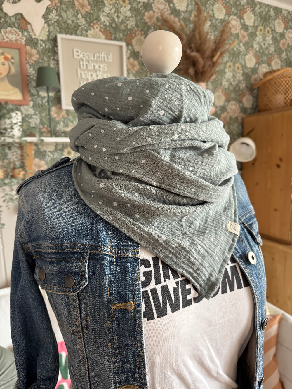HANNA Musselintuch DOTS / Altmint