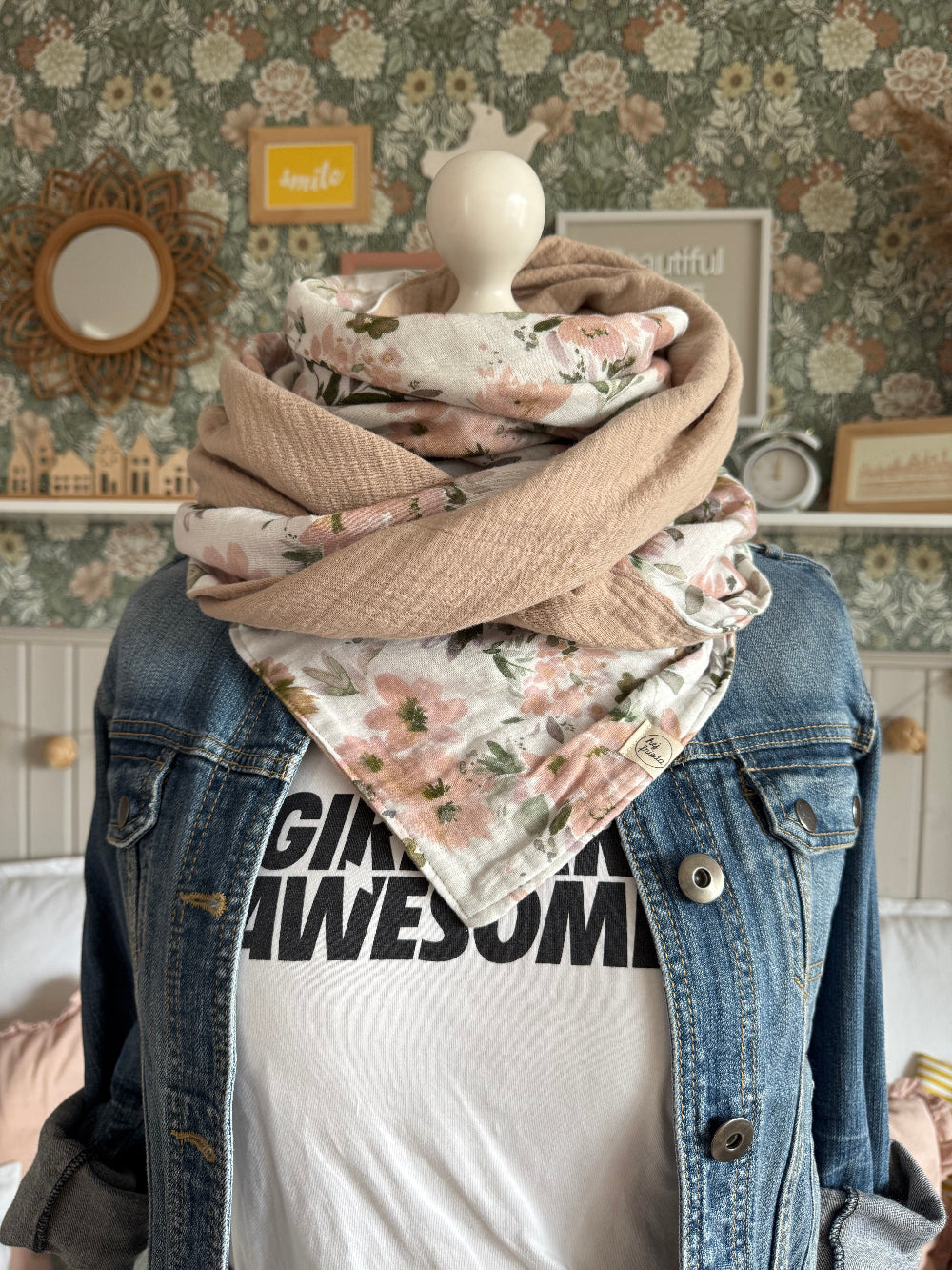 HANNA Musselintuch XL Aquarellblumen/beige