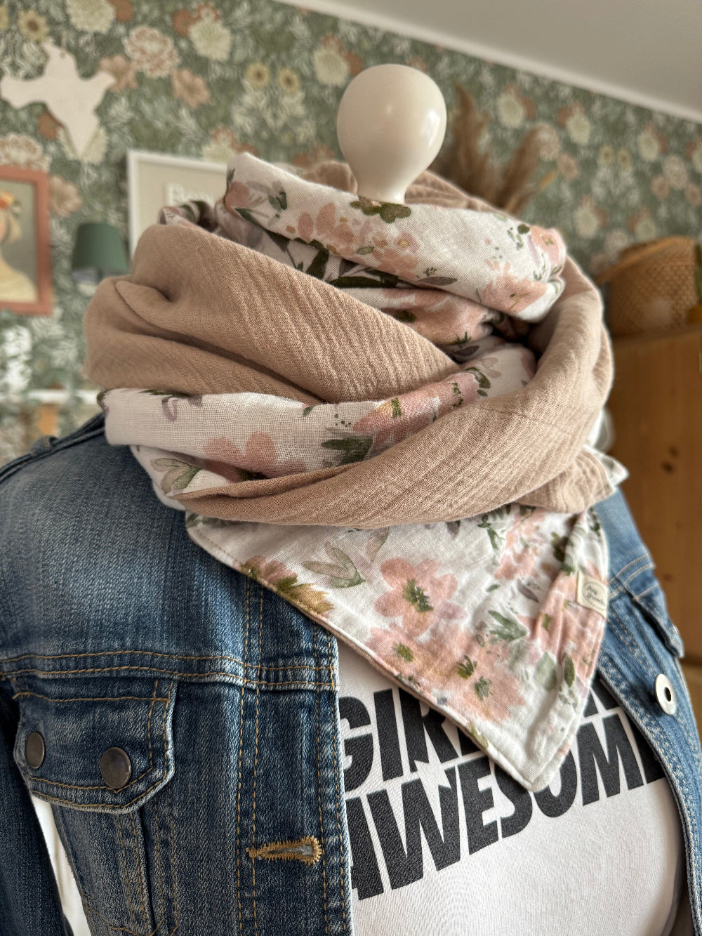 HANNA Musselintuch XL Aquarellblumen/beige