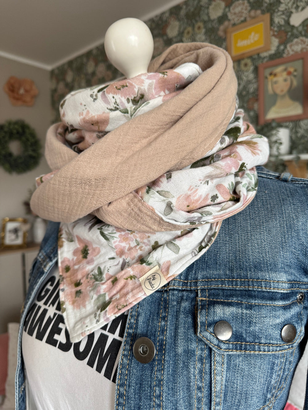 HANNA Musselintuch XL Aquarellblumen/beige